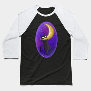 Black Cat Hanging on the Moon Baseball T-Shirt